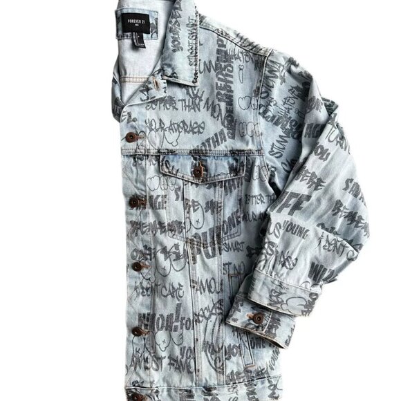 Forever 21 Mens Jean Jacket Graffiti Scribble Denim Cropped Hip Hop Faded Sz L - Picture 3 of 6